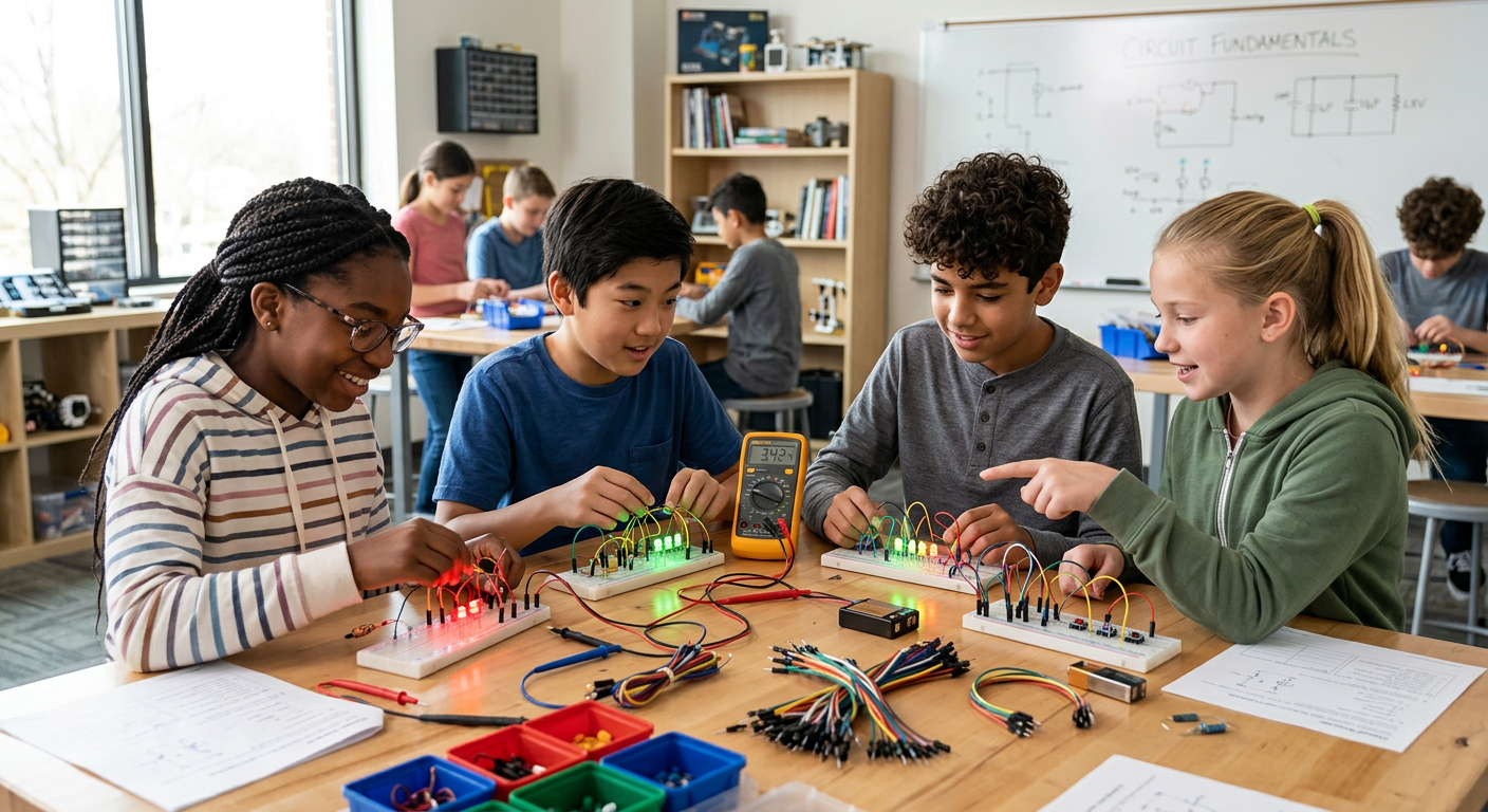 Students building circuits on breadboards